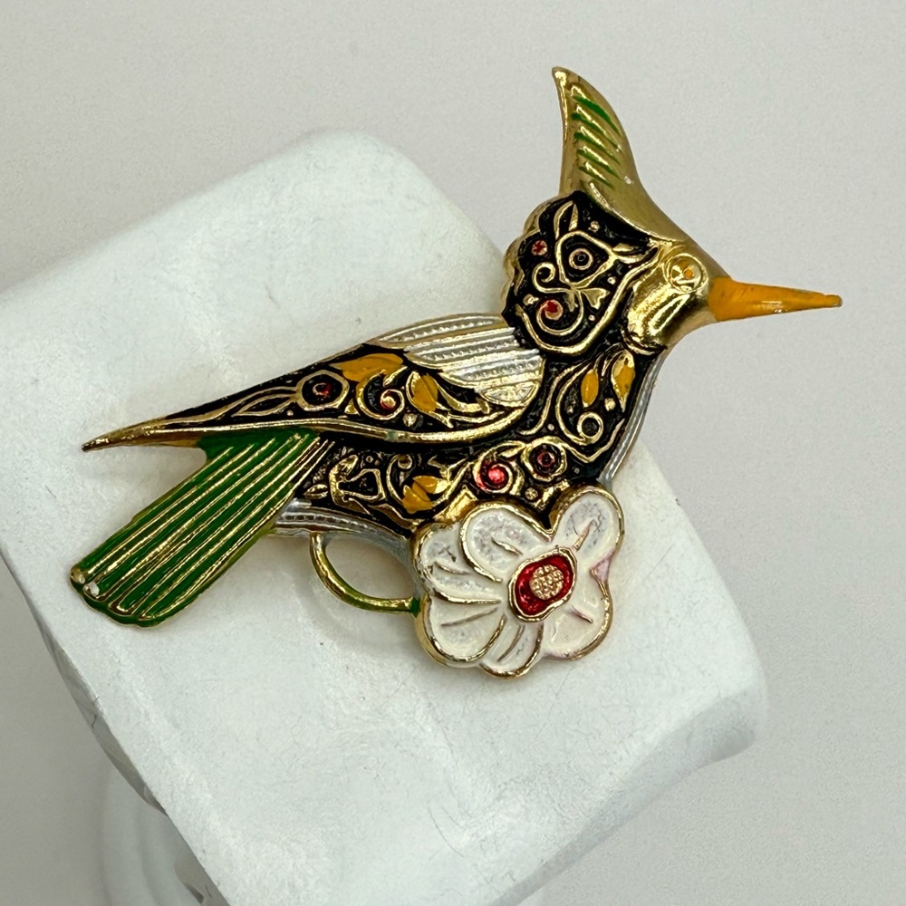 Vintage Painted Damscene Hummingbird Brooch Gold Tone Made In Spain 2.25” - Picture 6 of 15